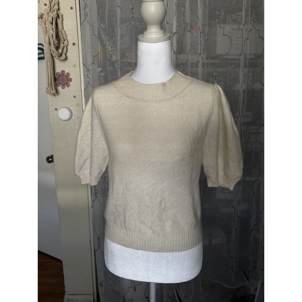 Free People 100% Cashmere Sweater Womens XS Ivory Cream Puff Short Sleeve Knit